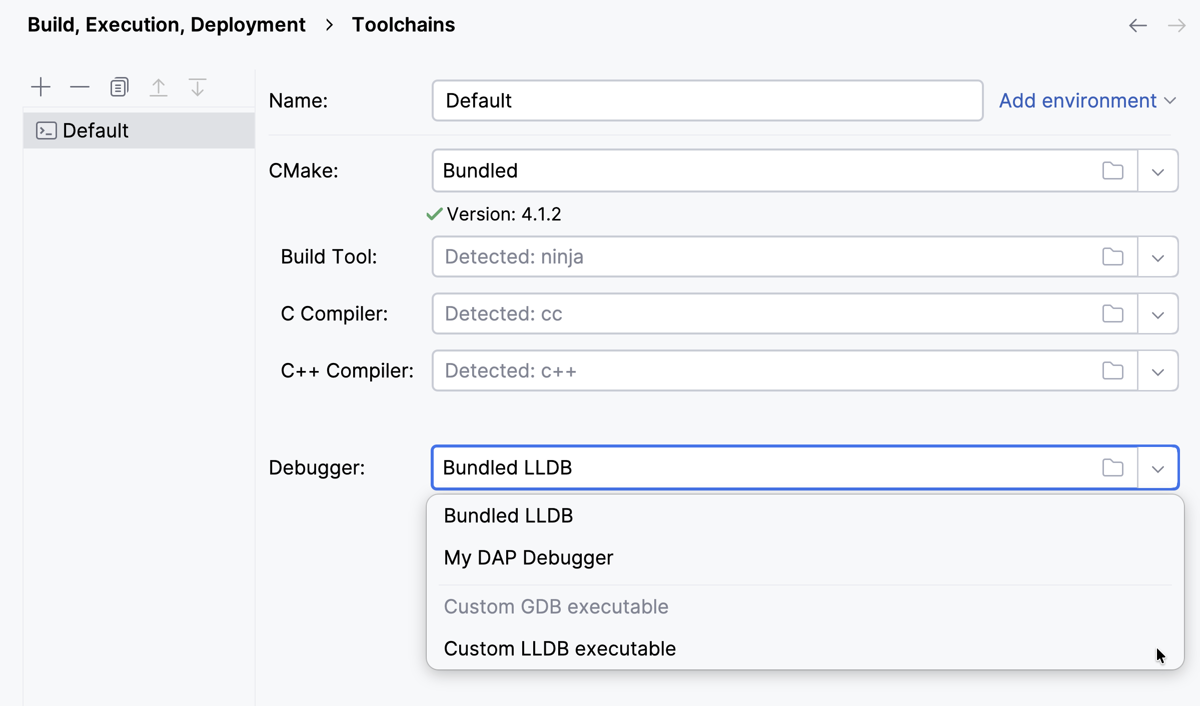 the Select debugger list the Select debugger list