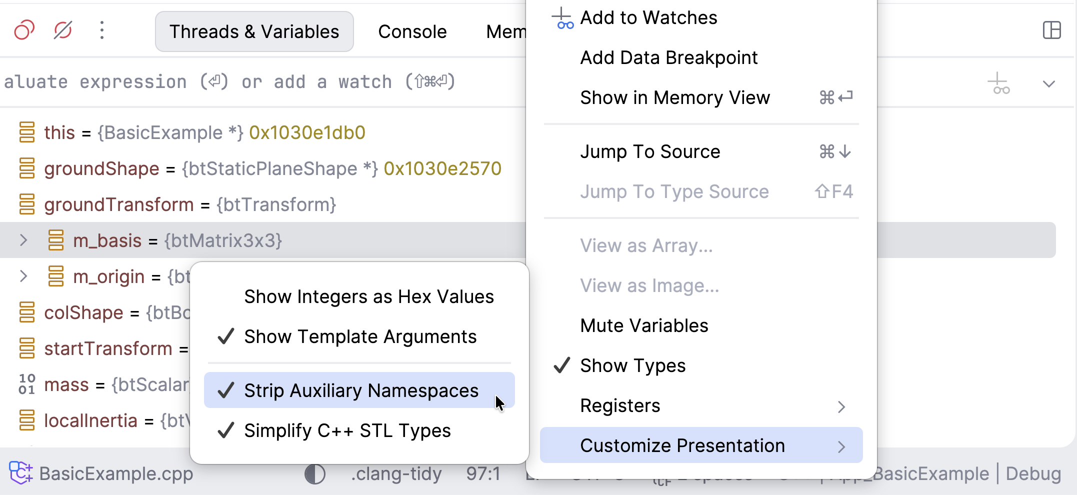 Variables view context options Variables view context options