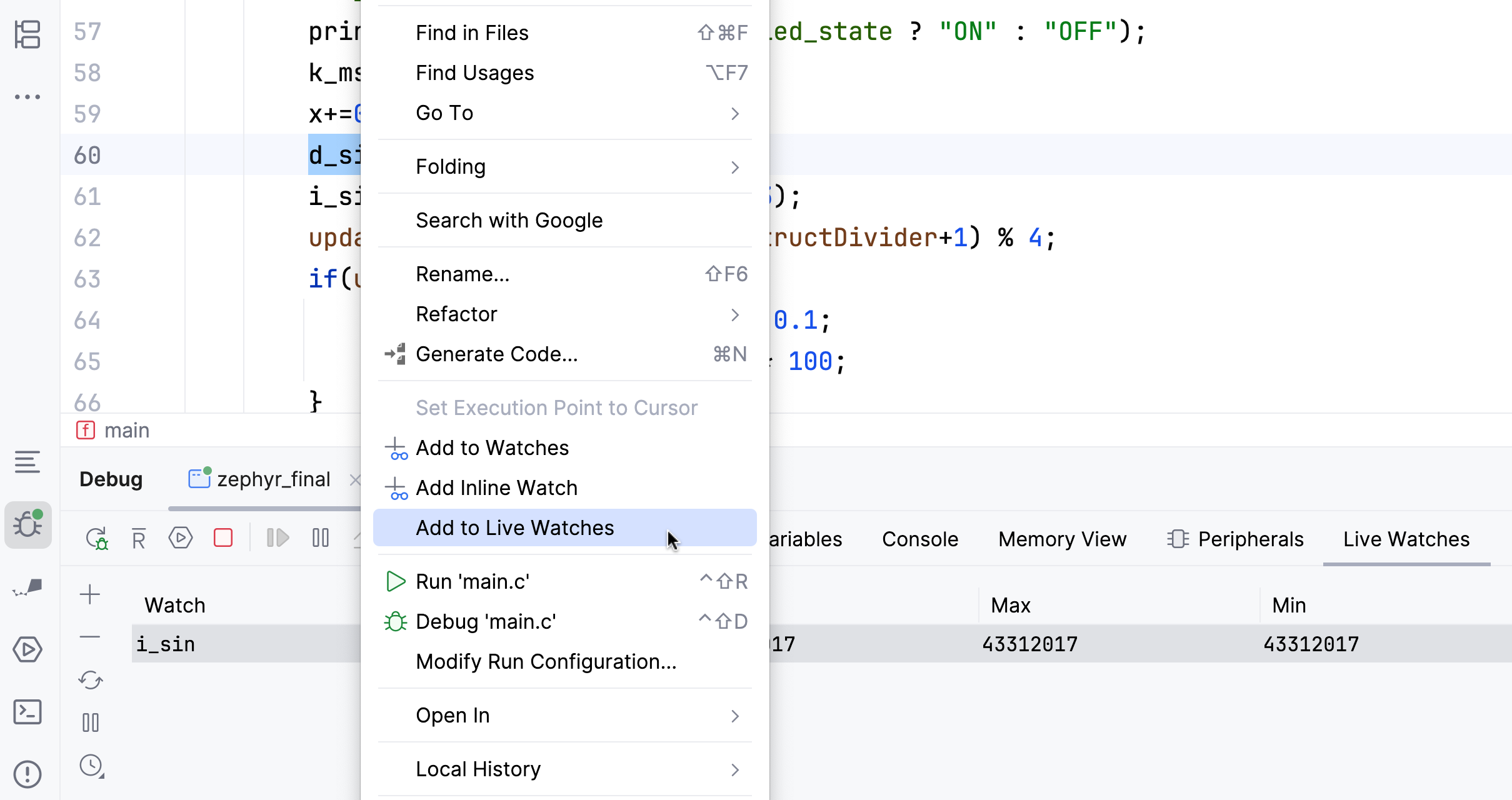 add variable to watch from editor