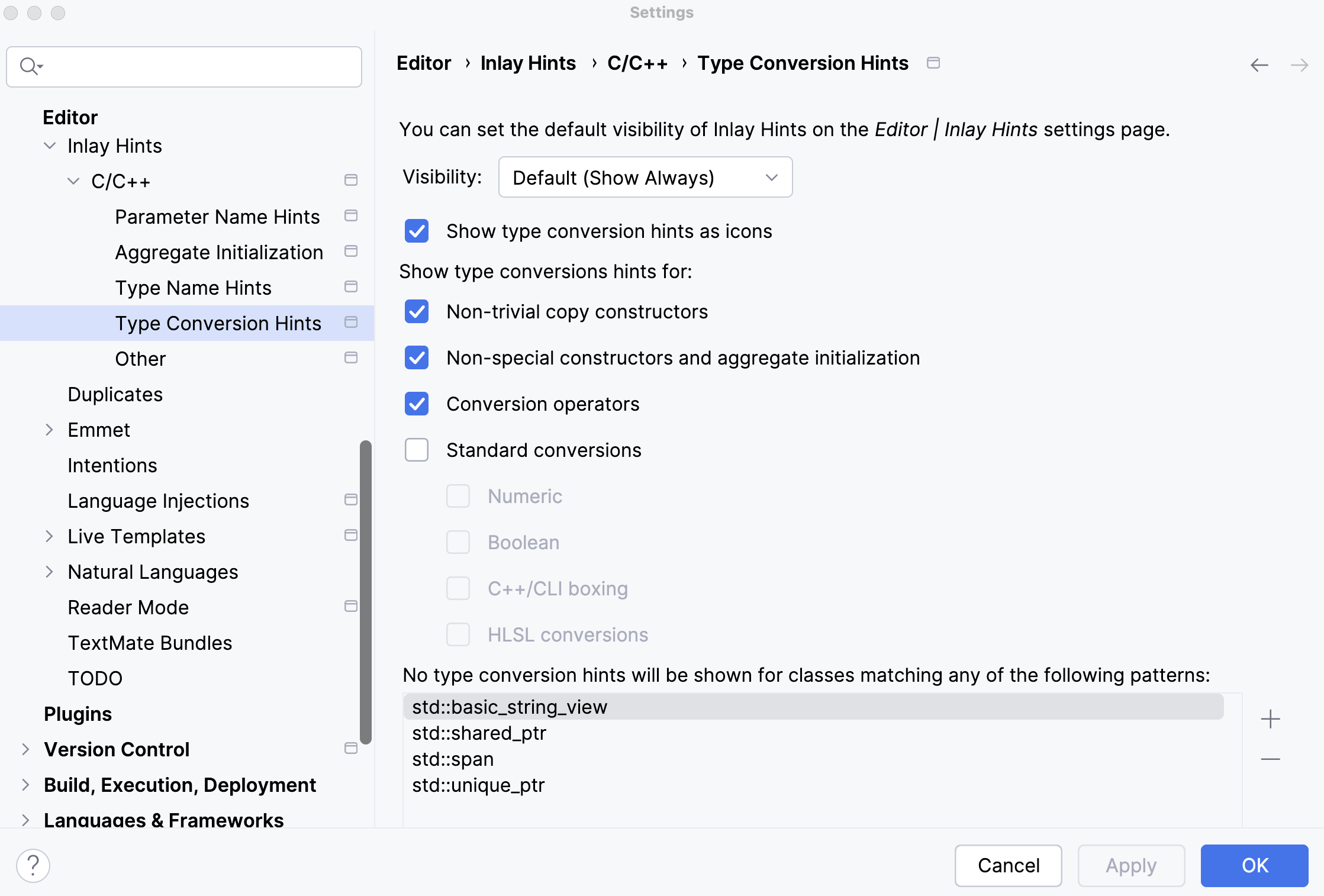 Type conversion hints settings in CLion Nova Type conversion hints settings in CLion Nova