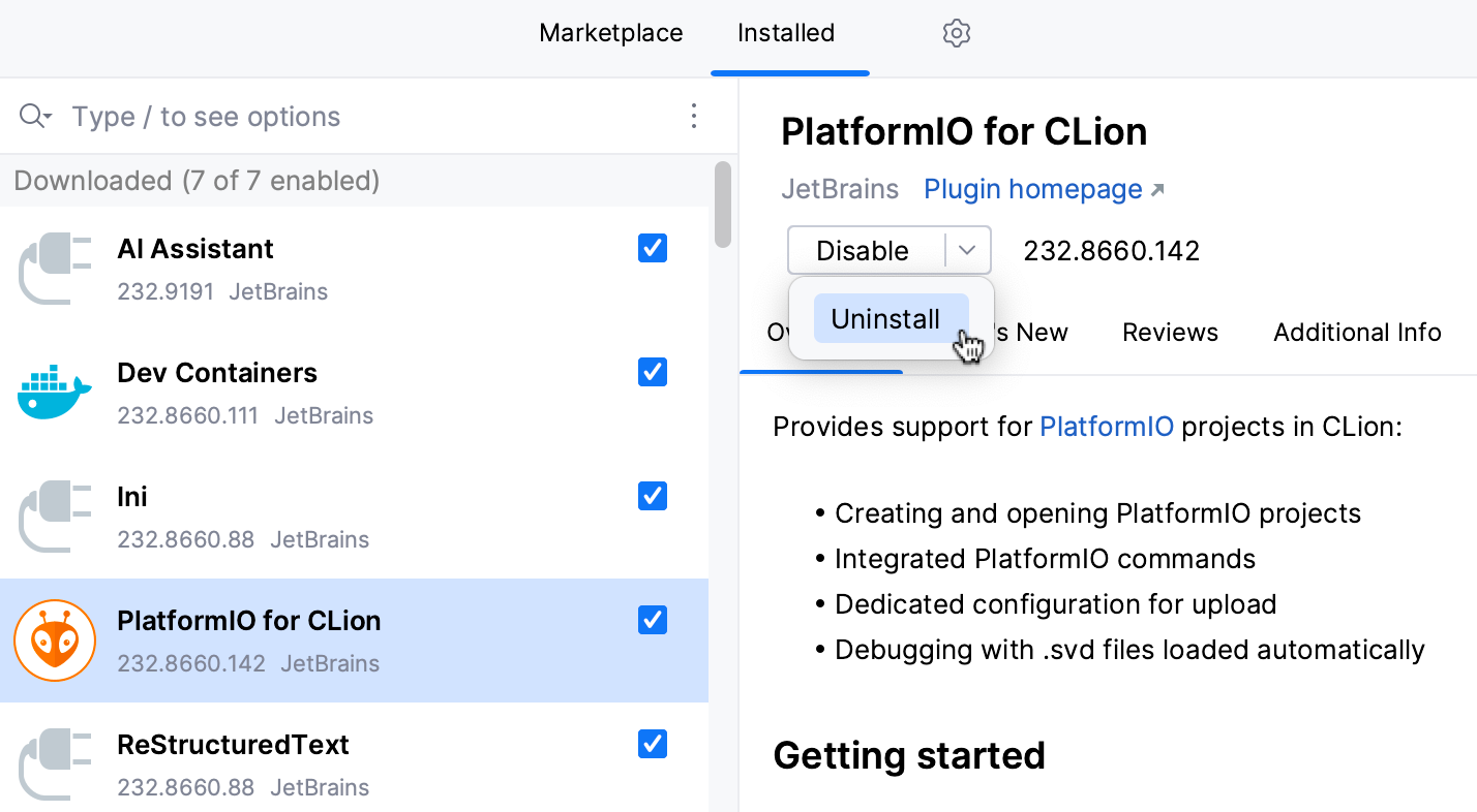 Uninstalling a plugin Uninstalling a plugin