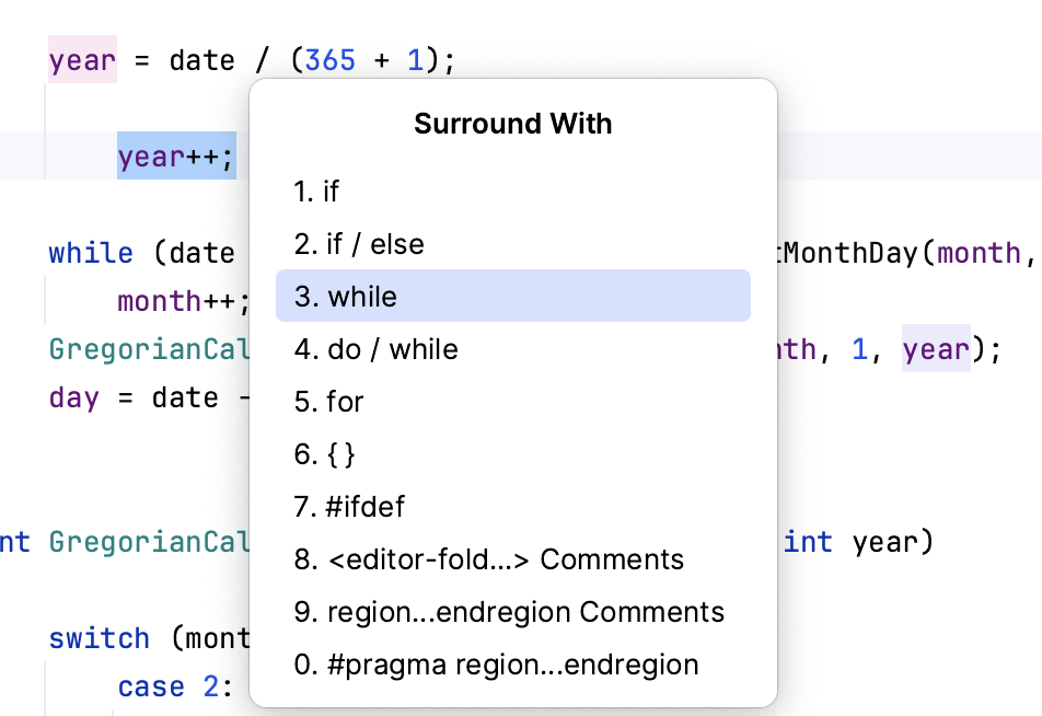 The 'Surround with' options The 'Surround with' options