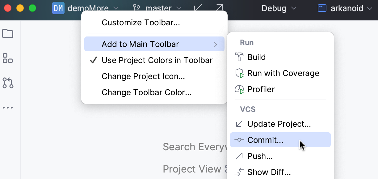 Adding actions to main toolbar Adding actions to main toolbar