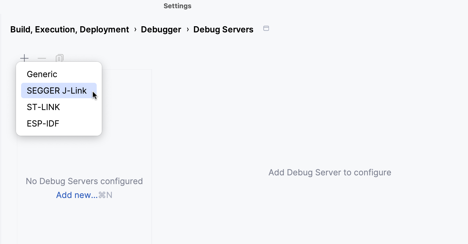 Selecting a debug server type
