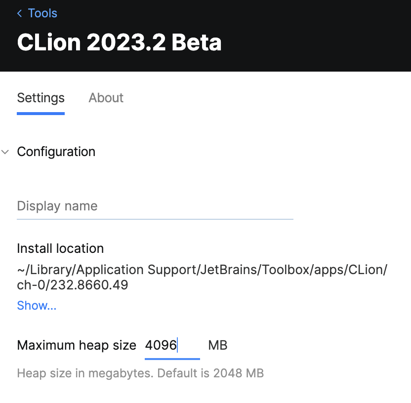 Change CLion heap size from JetBrains Toolbox Change CLion heap size from JetBrains Toolbox