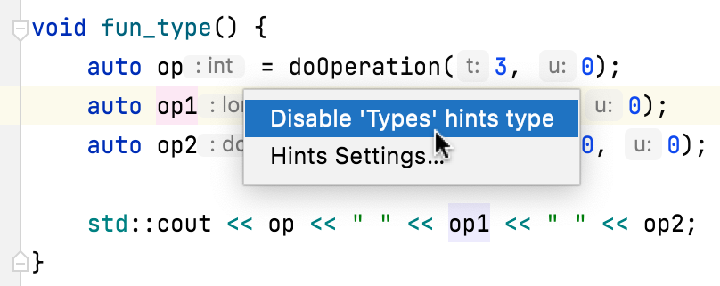 Hints context menu Hints context menu