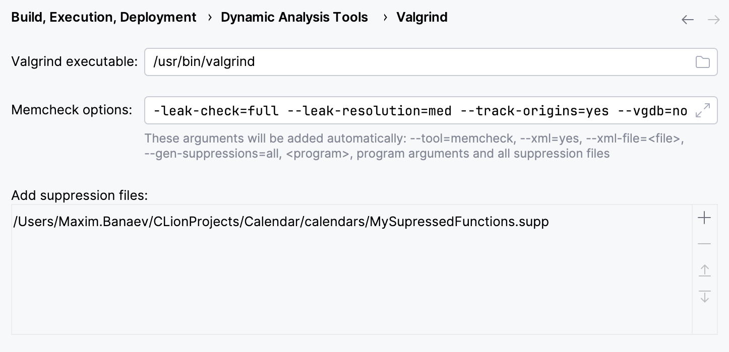 Valgrind settings Valgrind settings