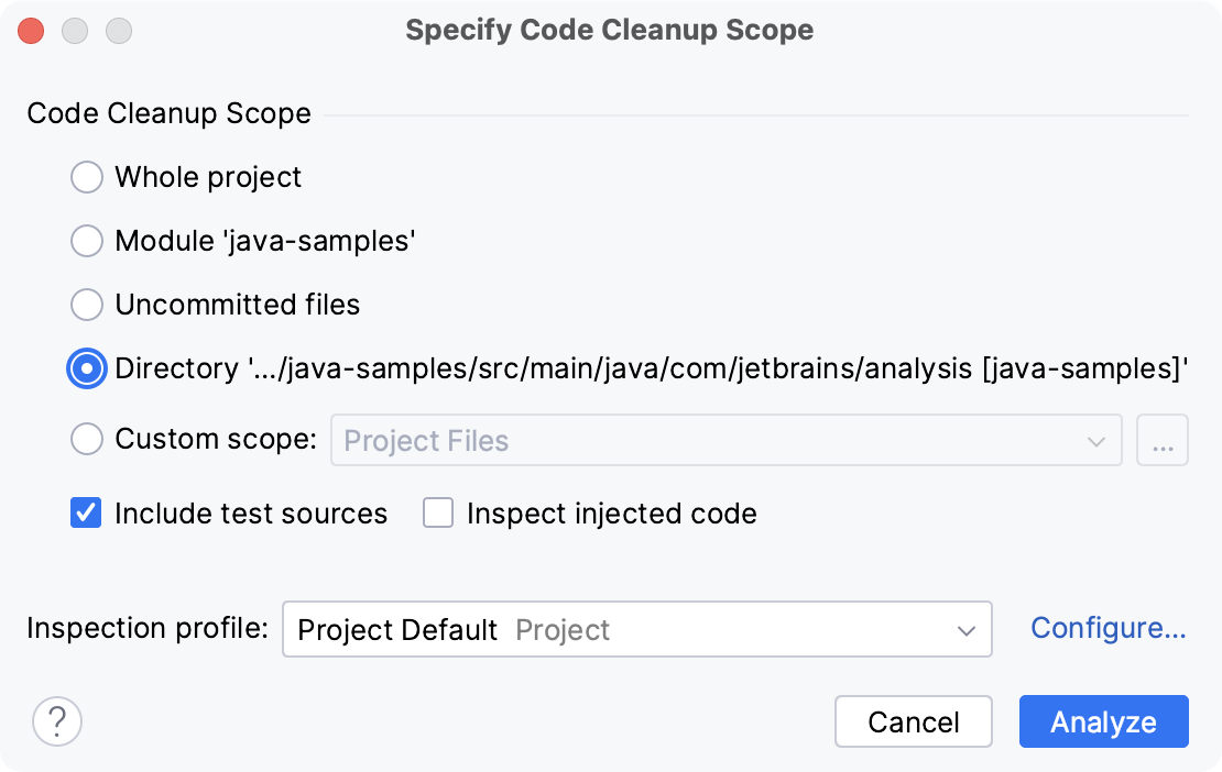 the Specify Code Cleanup Scope dialog the Specify Code Cleanup Scope dialog
