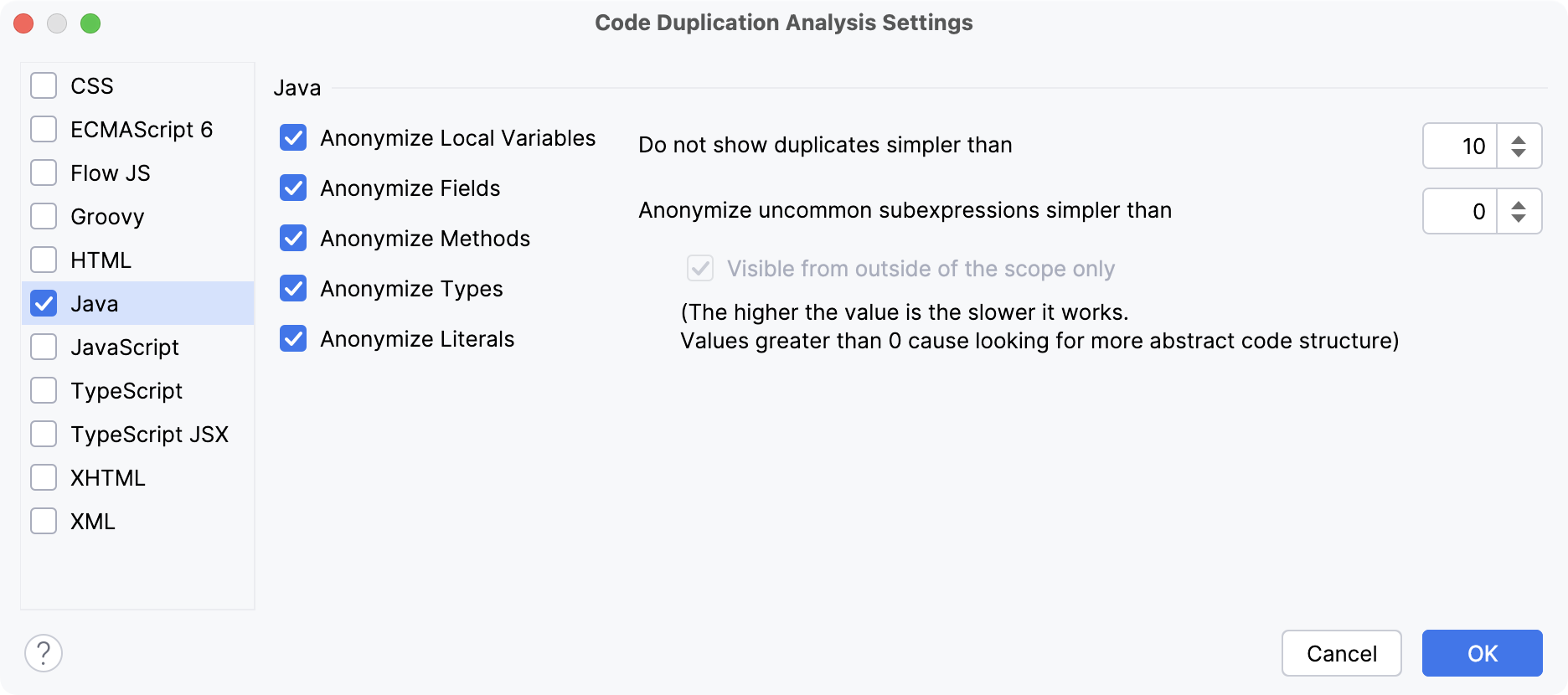 Code Duplication Analysis Settings Code Duplication Analysis Settings