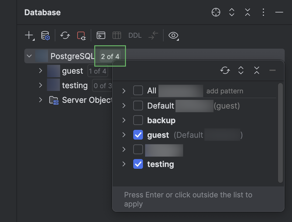 Select databases and schemas to introspect and display in the Database tool window