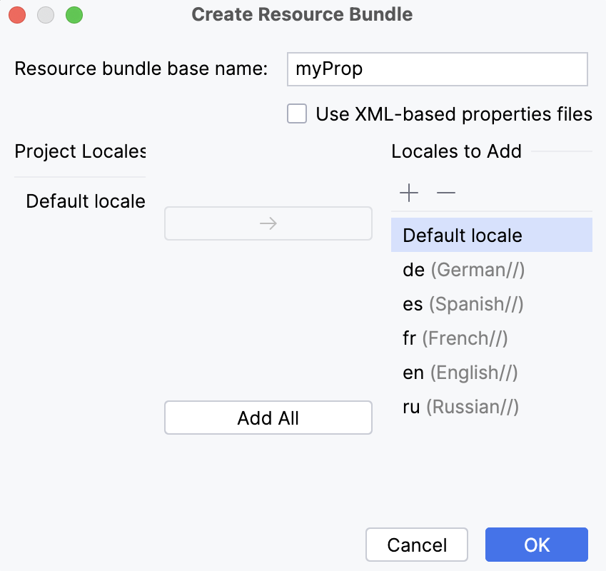 Create resource bundle dialog Create resource bundle dialog