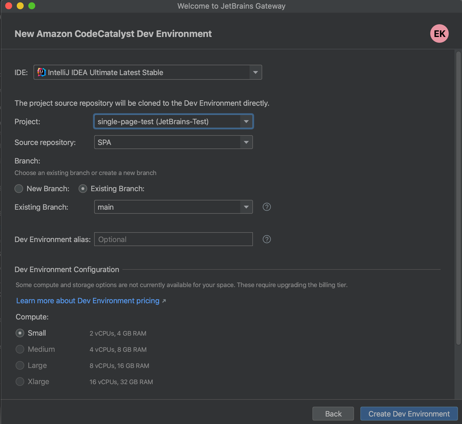 Create new Dev Environment Create new Dev Environment