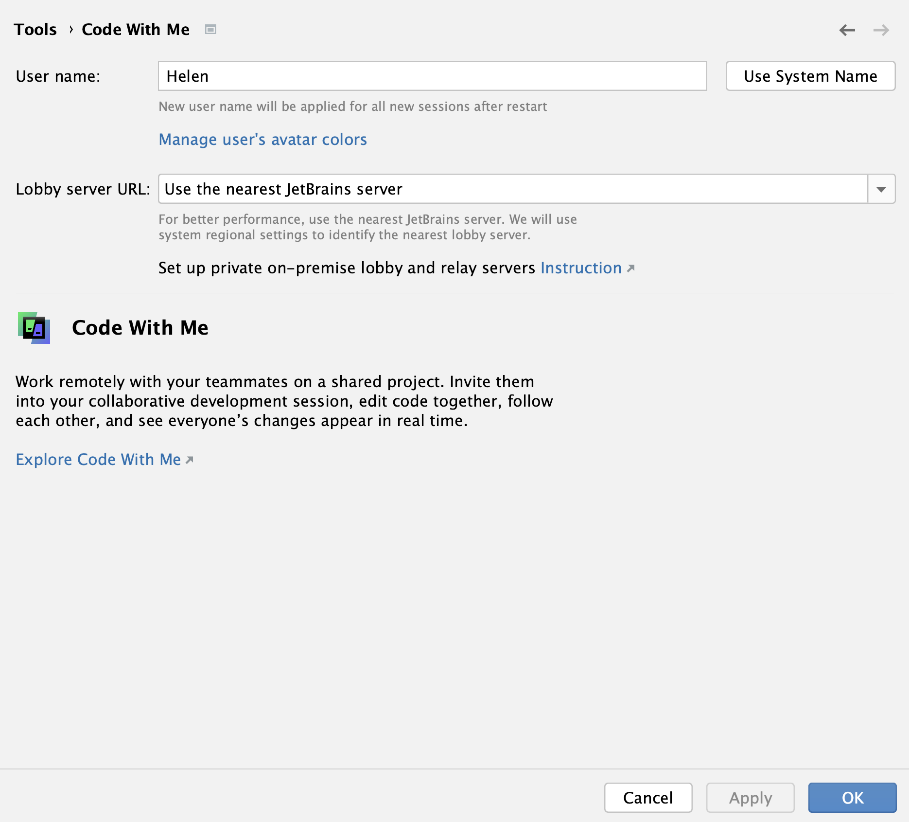 the Code With Me settings the Code With Me settings