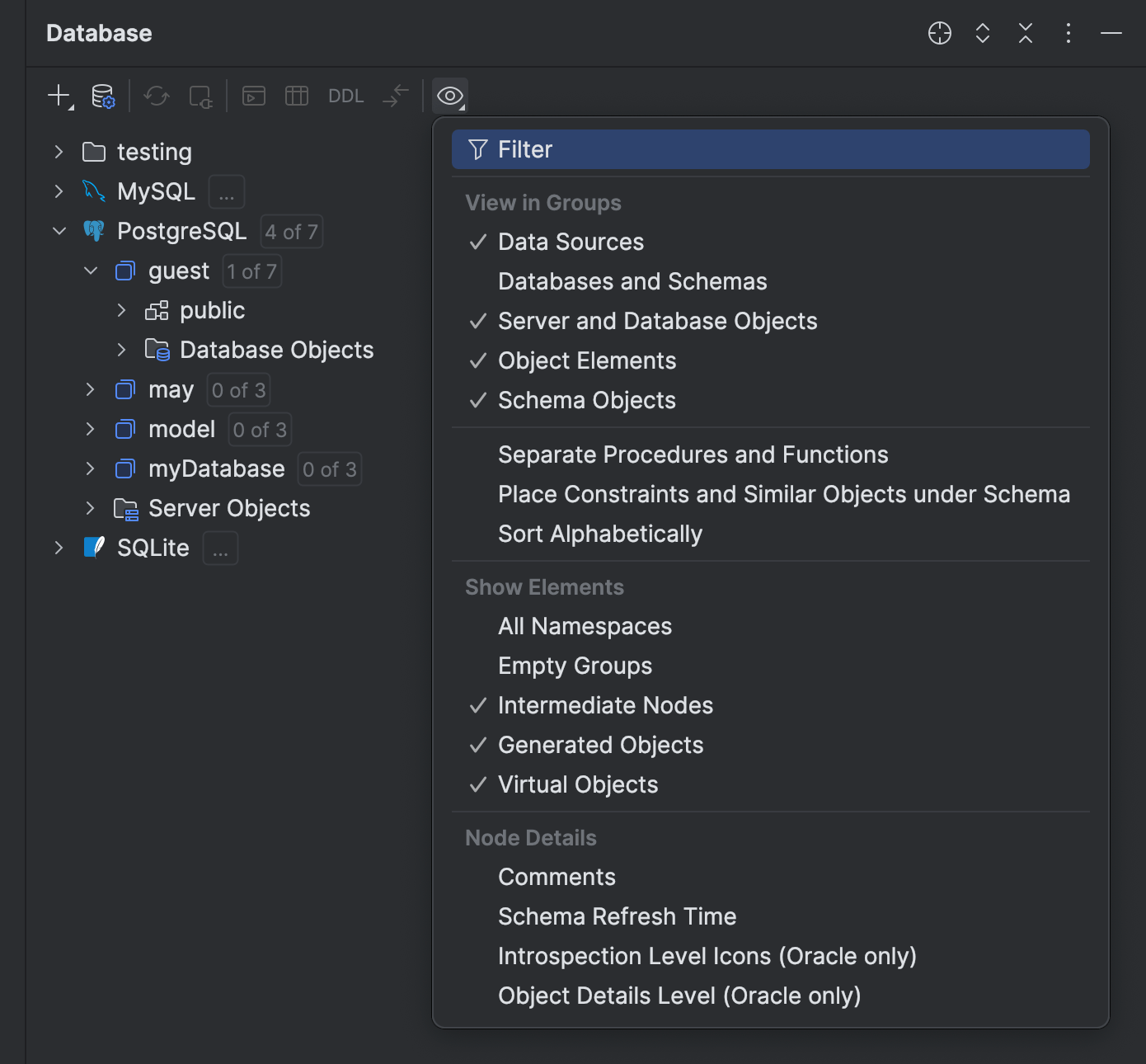 View Options menu items in Database tool window