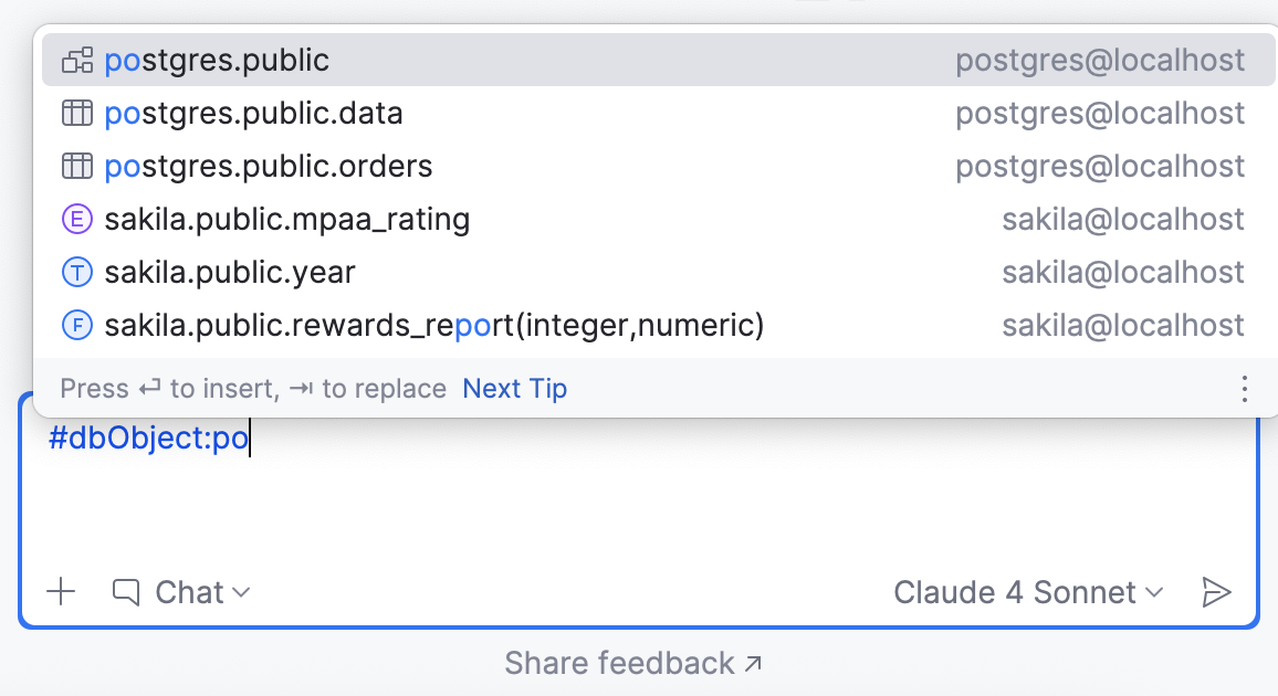 Attaching a database object to AI chat