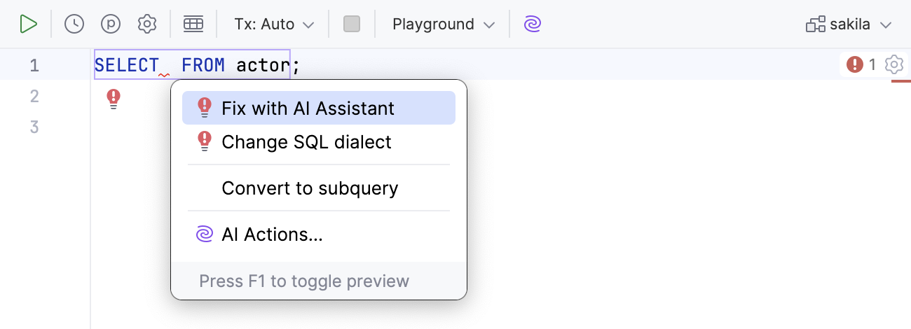 AI&nbsp;Assistant suggests a fix for the syntax errors of selected SQL code