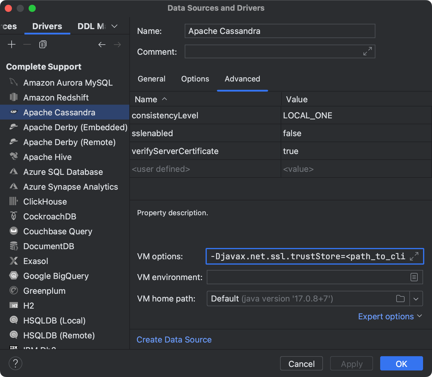 Create an Apache Cassandra data source with SSL | DataSpell Documentation