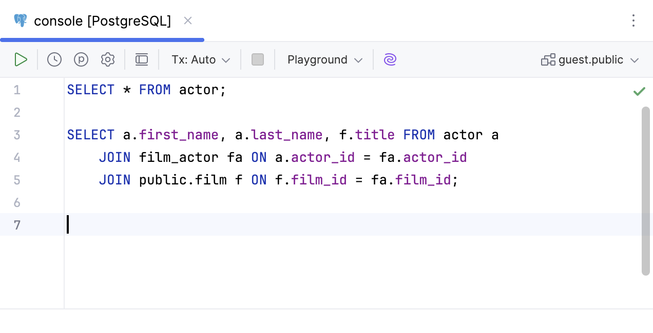 Query console in a code editor tab