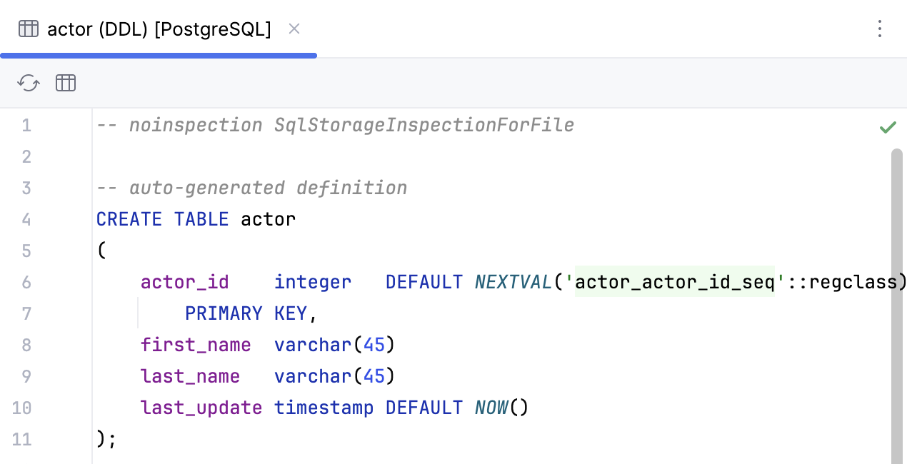 Database object definition in a code editor tab