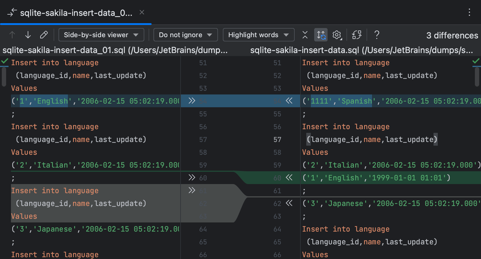 Compare files, folders, and text sources | DataGrip Documentation