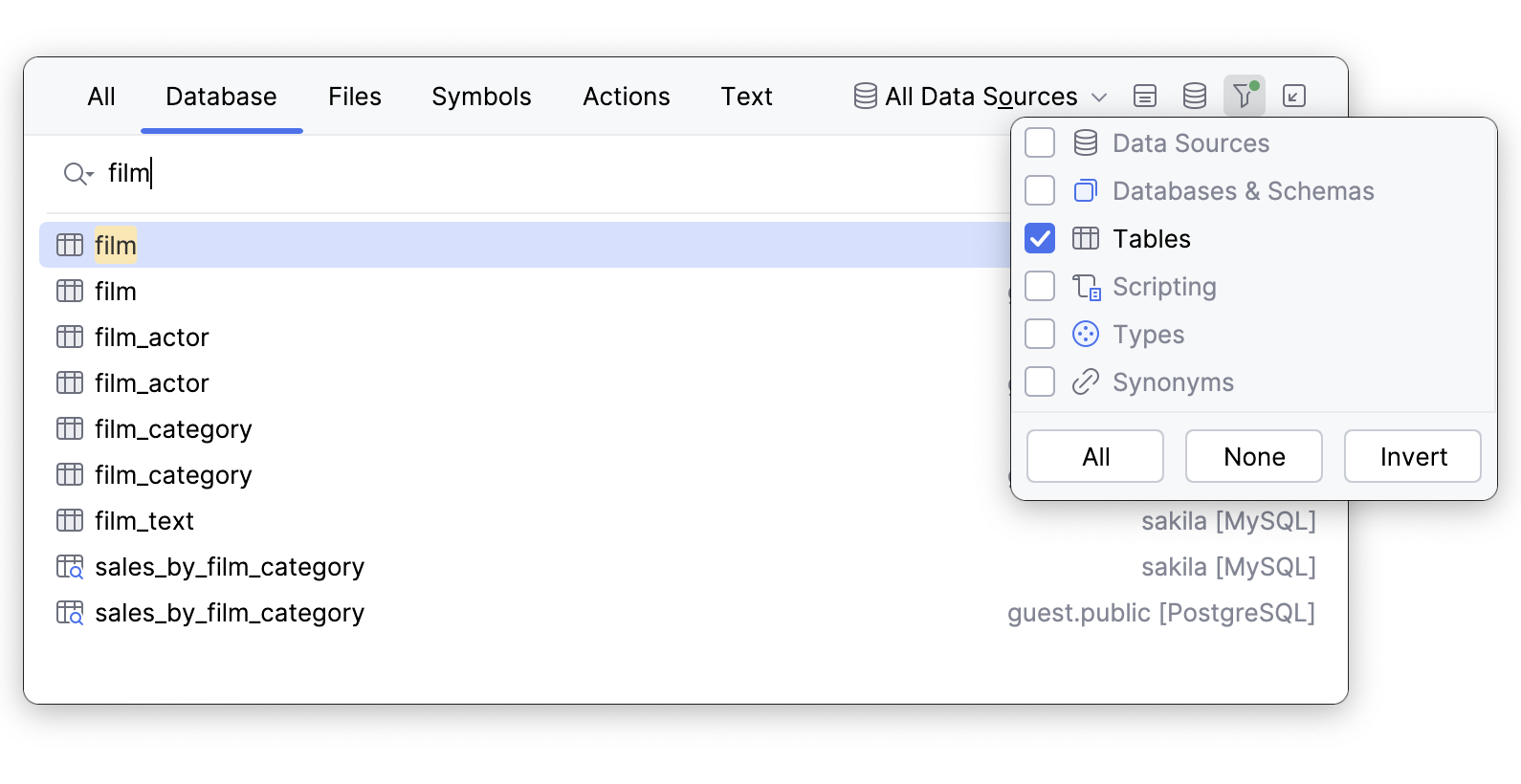 Database object type filter in the Search Everywhere popup