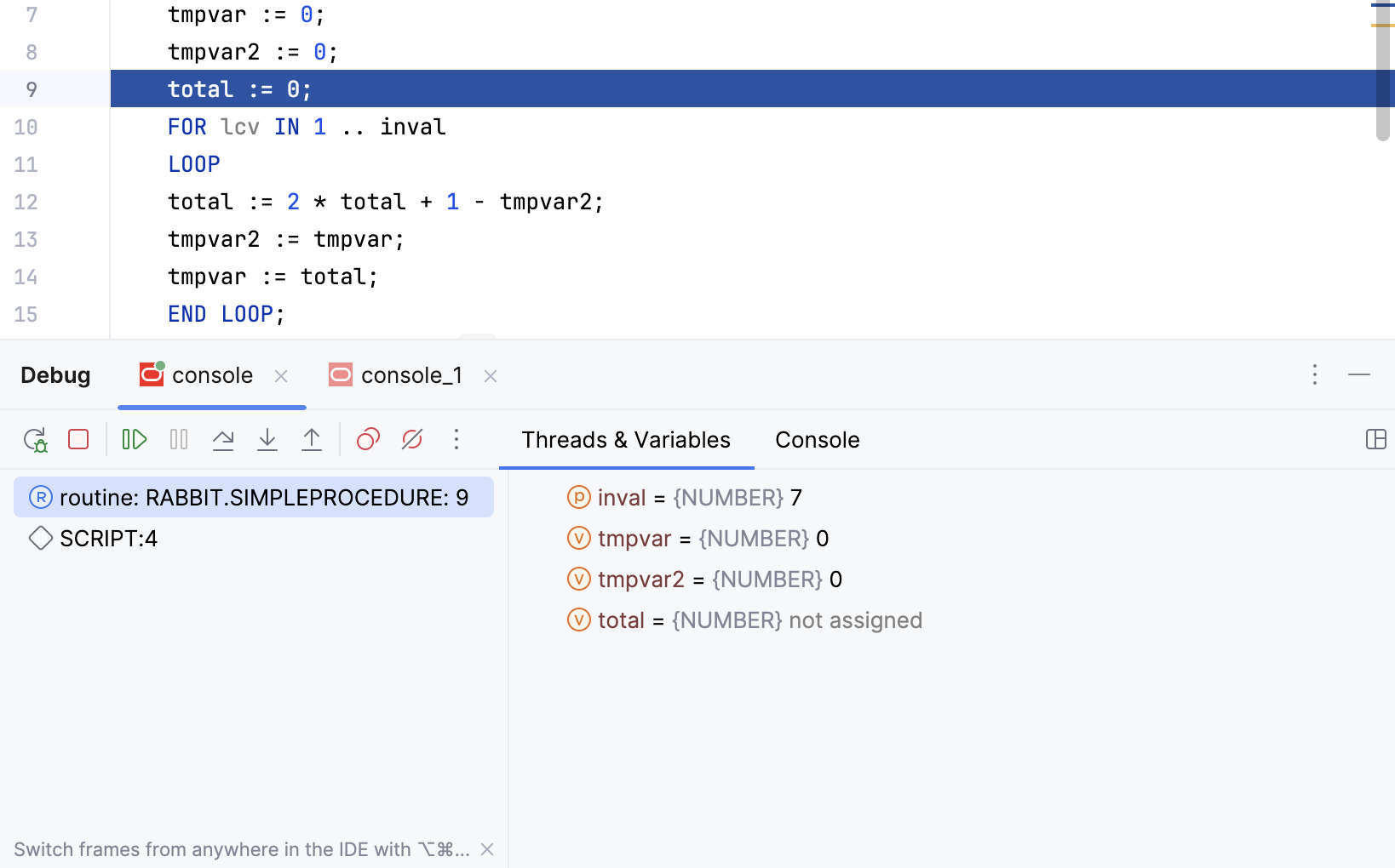 Inline variables view for the current session