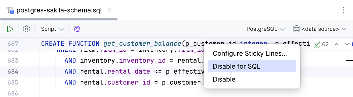 Disable sticky lines for specific languages in the editor