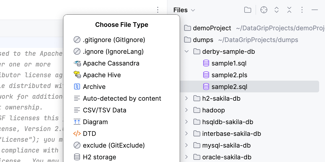 DataGrip: Changing the file type from Files tool window