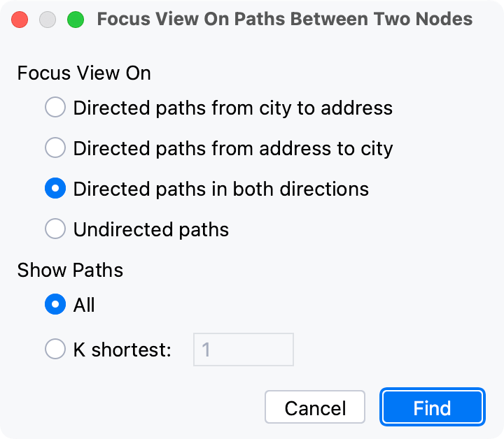 The Focus on Paths between Two Nodes dialog The Focus on Paths between Two Nodes dialog