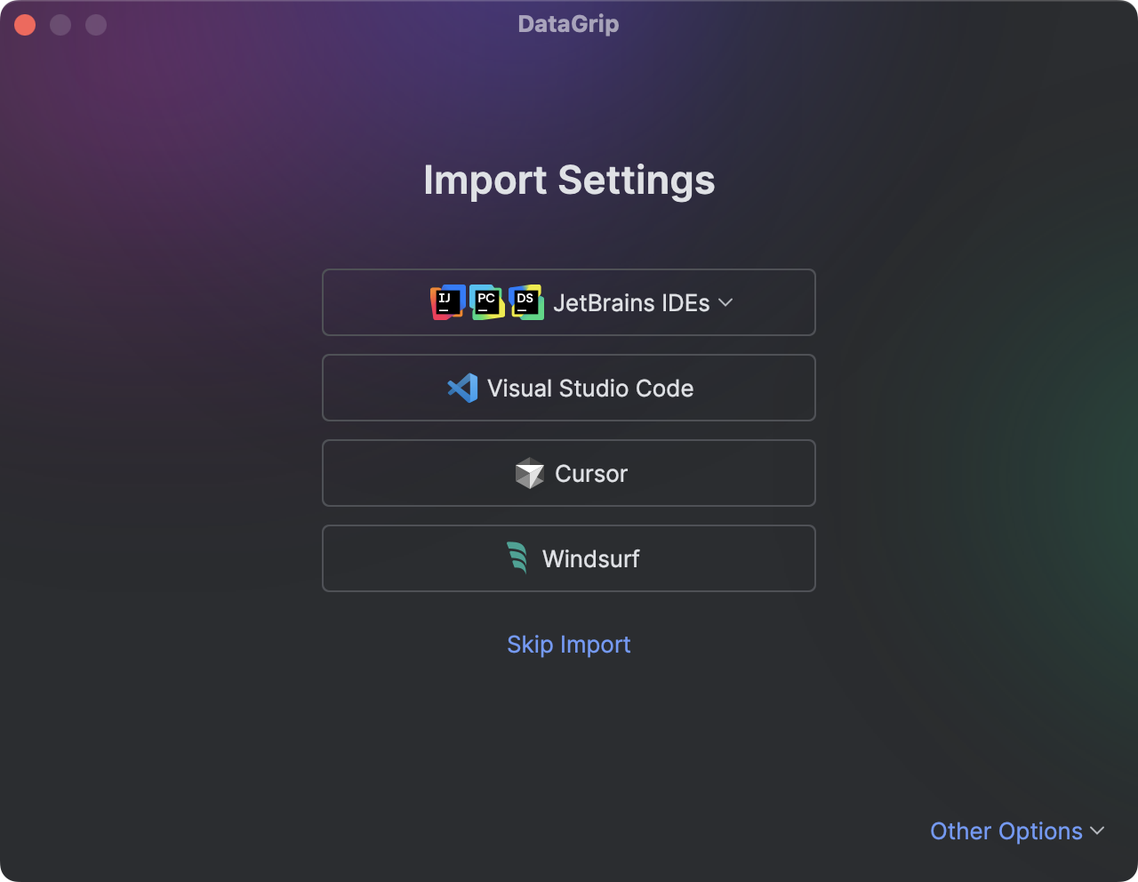 The Import Settings dialog with the cursor on the Visual Studio Code button
