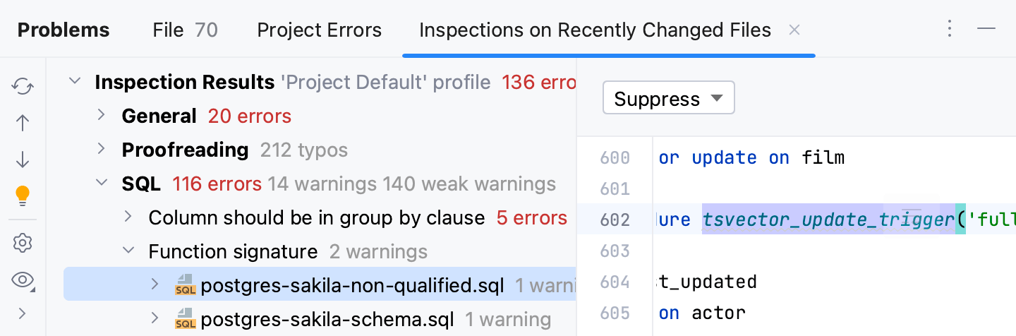Inspection results tab Inspection results tab