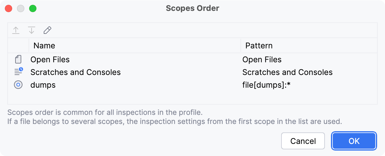 Changing the order of scopes dialog Changing the order of scopes dialog