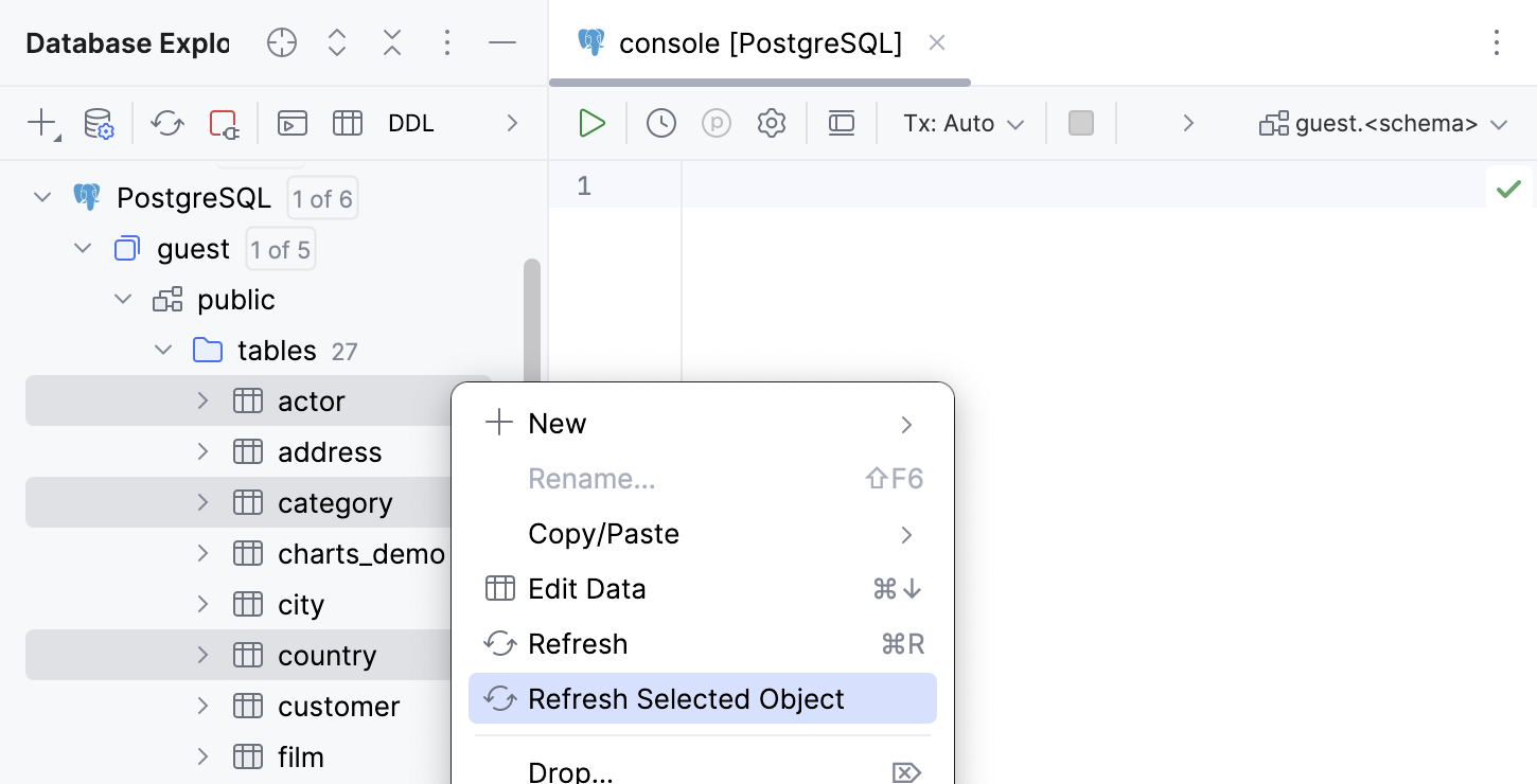 The database objects selected in Database Explorer are refreshed when you invoke the Refresh action