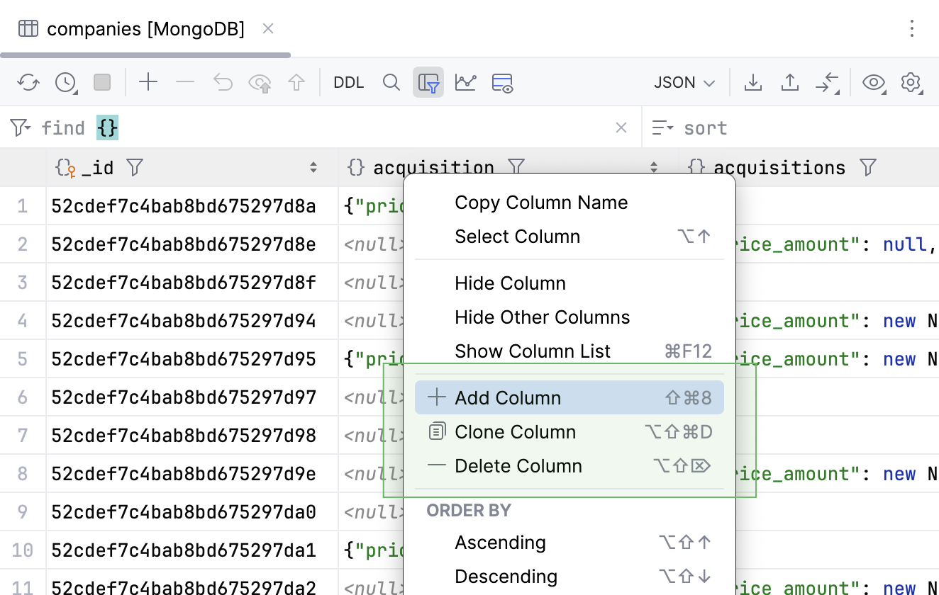 Add and delete column actions in a context menu