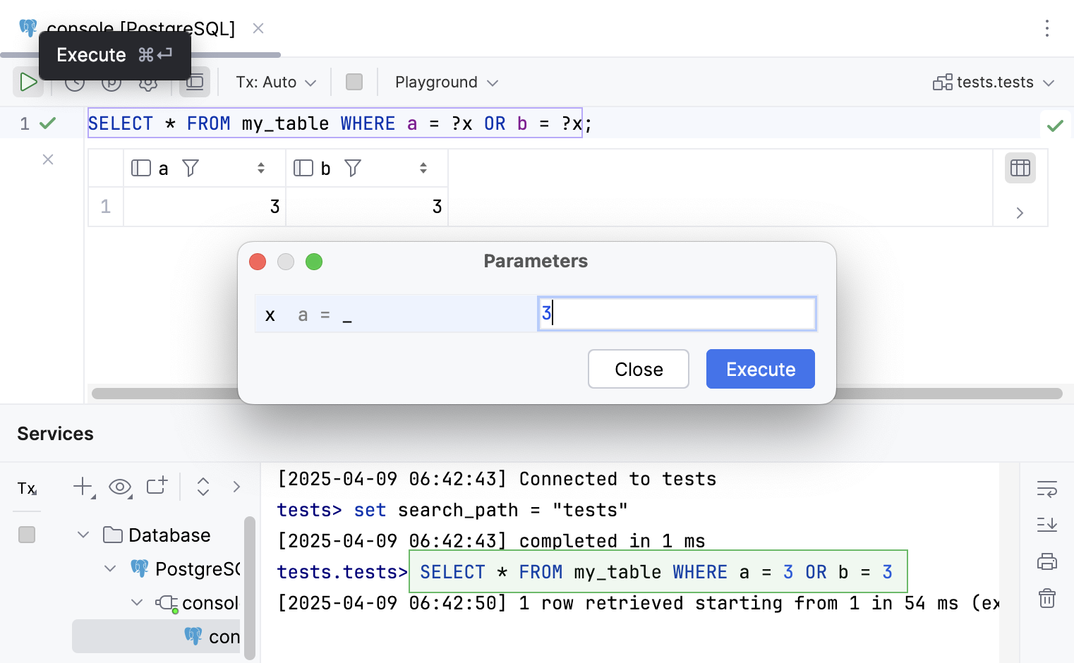Running a statement with named user parameters