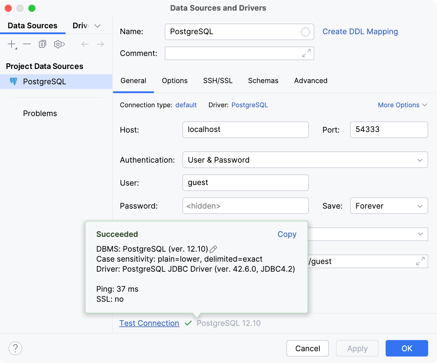 Successful test connection to the PostgreSQL data source Successful test connection to the PostgreSQL data source