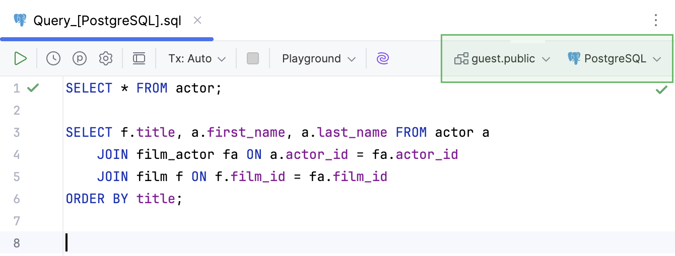 Schema and data source lists in the query file toolbar