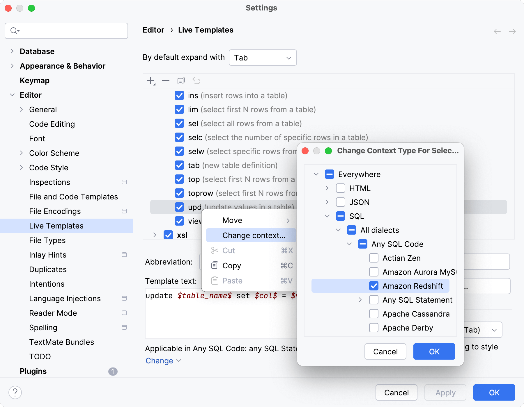 Set an SQL dialect for a live template Set an SQL dialect for a live template
