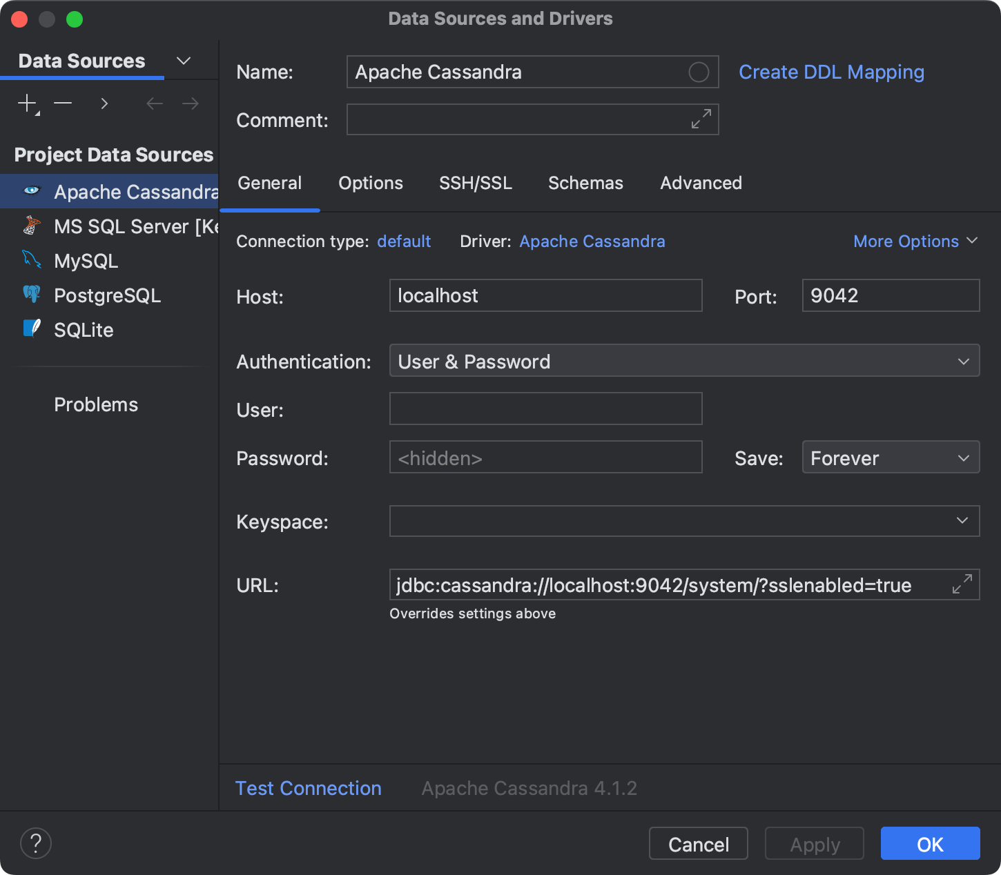 SSL を使用して Apache Cassandra データソースを作成する | DataSpell ドキュメント