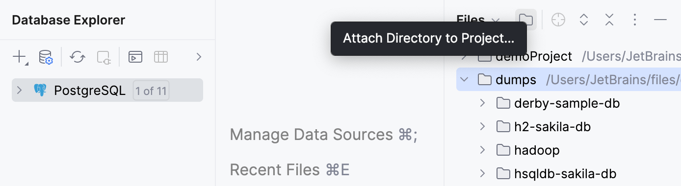 Directory with dump files is attached to the DataGrip project Directory with dump files is attached to the DataGrip project