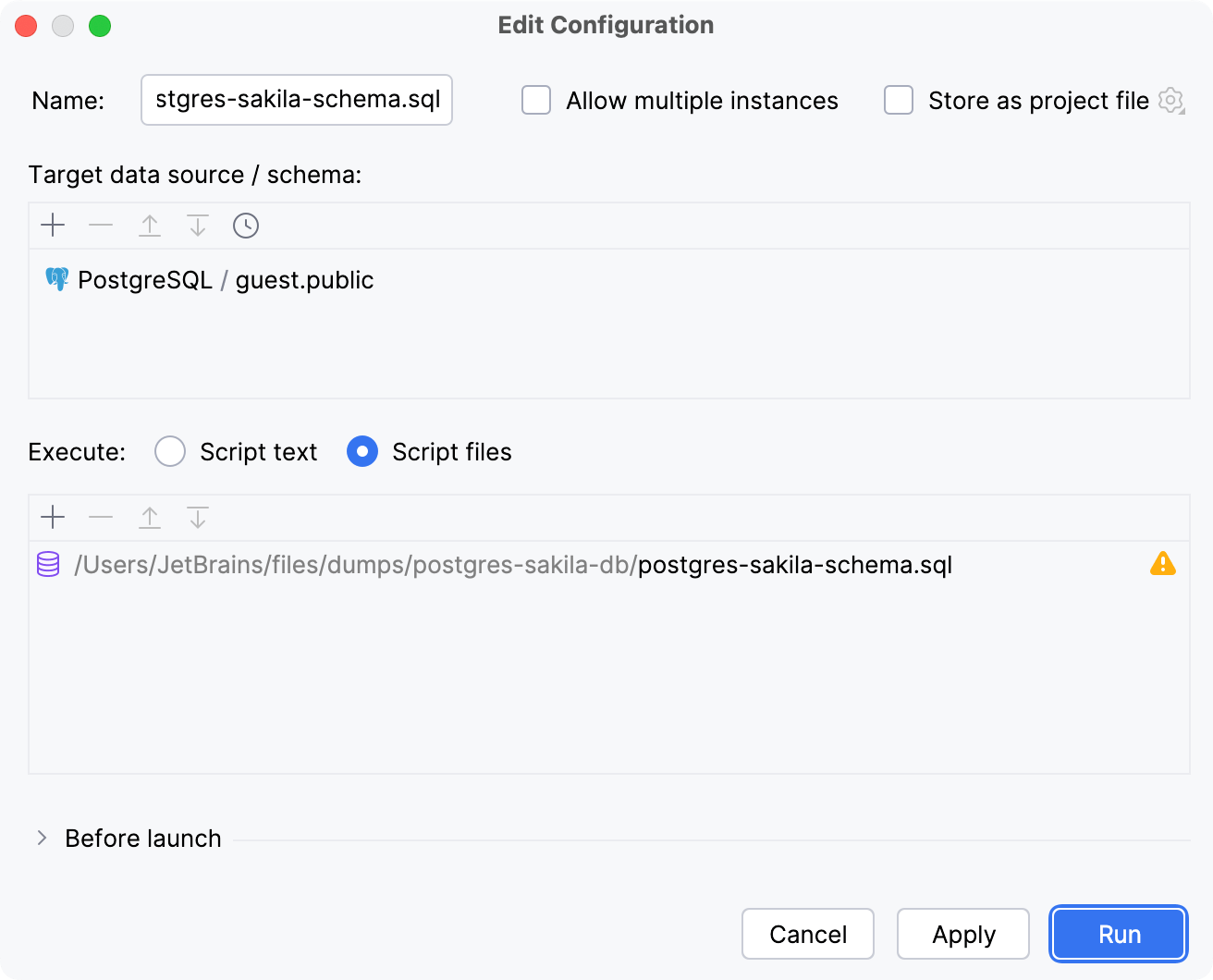 Database structure dump file run configuration Database structure dump file run configuration