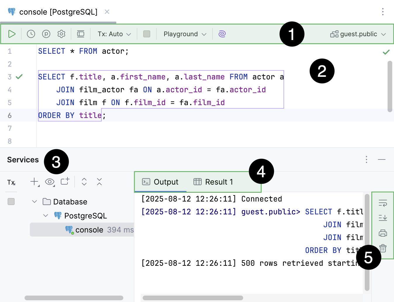Query console with an active Output tab of Services tool window