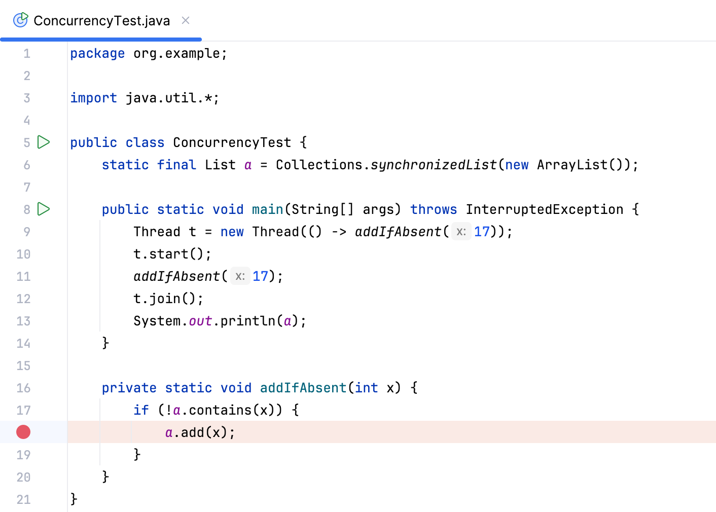 A breakpoint is set at line 17 A breakpoint is set at line 17