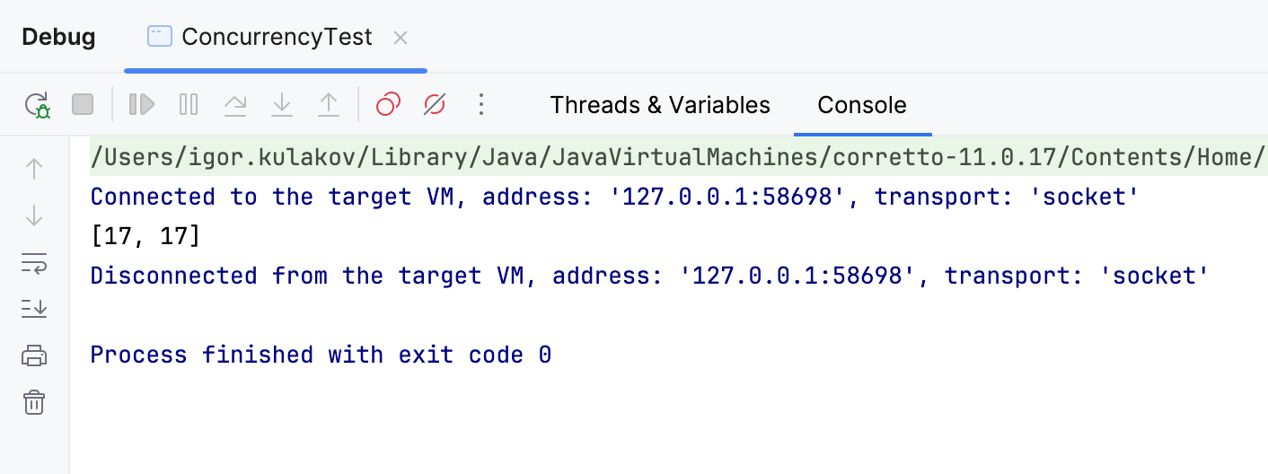 The Console tab of the Debug tool window The Console tab of the Debug tool window