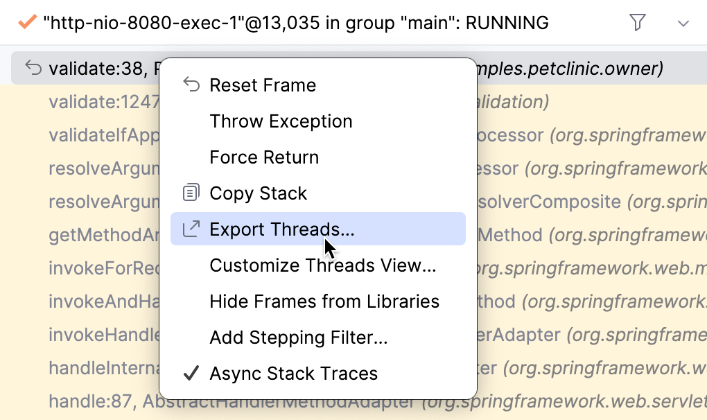 Export Threads menu item Export Threads menu item