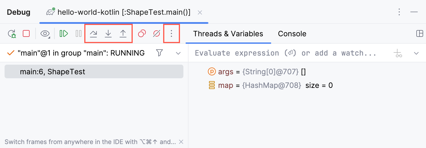 Stepping buttons in the Debug tool window Stepping buttons in the Debug tool window