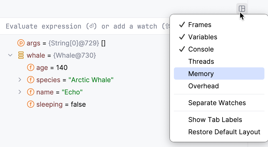 Layout options menu Layout options menu