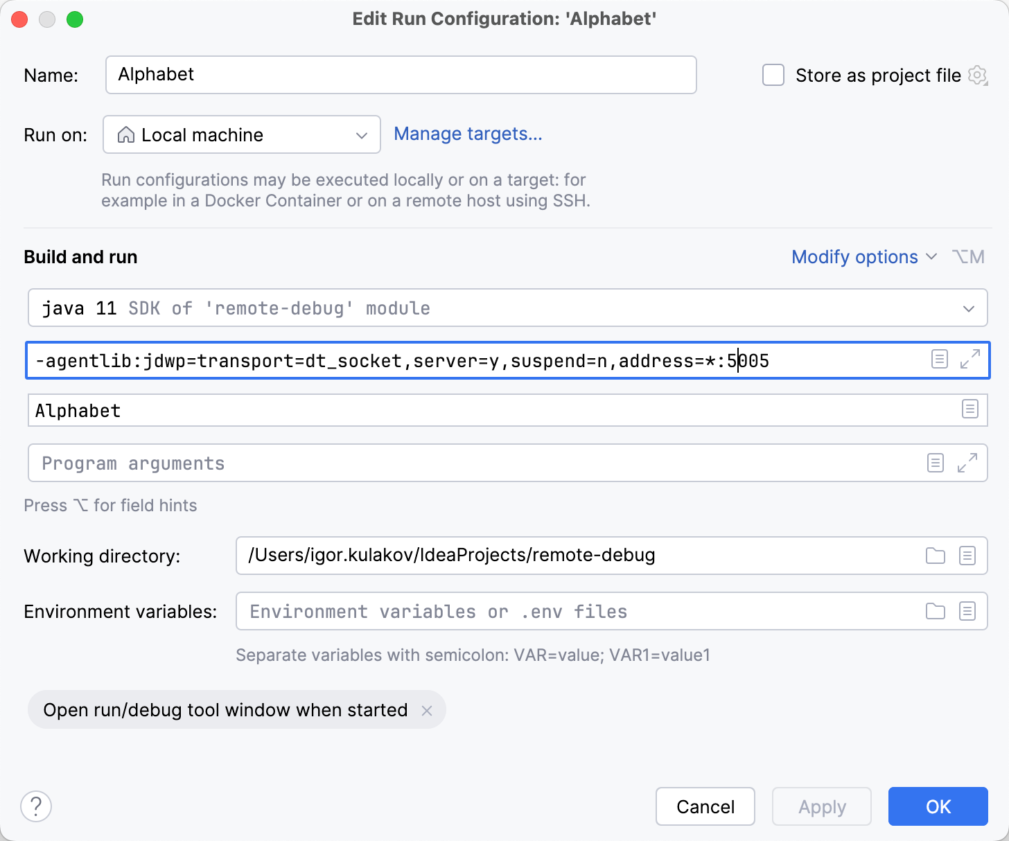 VM options field in the run/debug configuration of the host app VM options field in the run/debug configuration of the host app