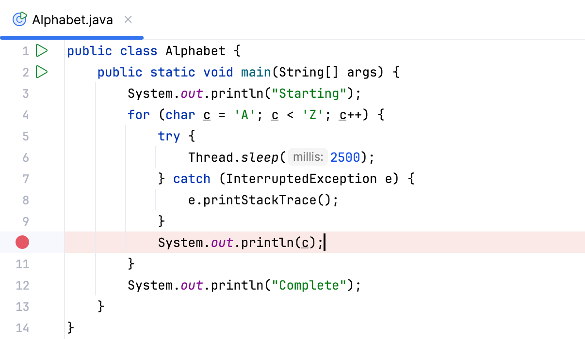 Setting a line breakpoint at line 10 Setting a line breakpoint at line 10