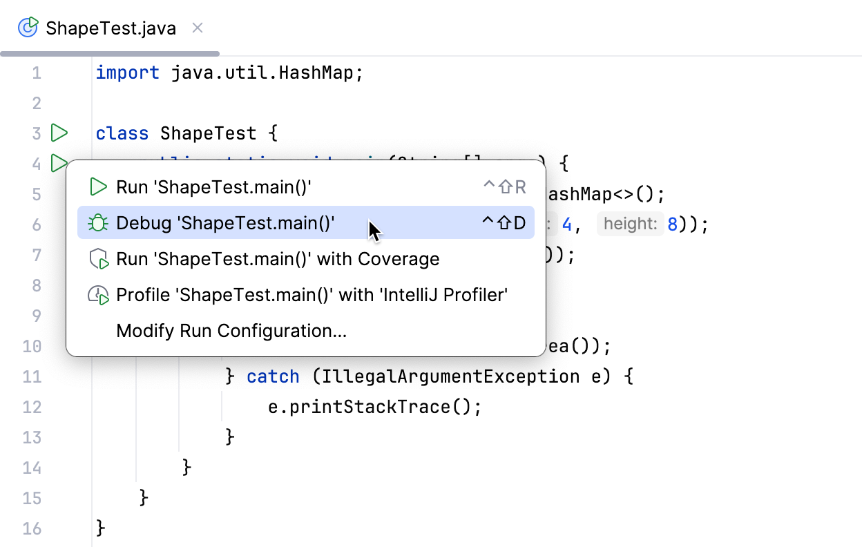 A menu appears on clicking the run button in the gutter A menu appears on clicking the run button in the gutter